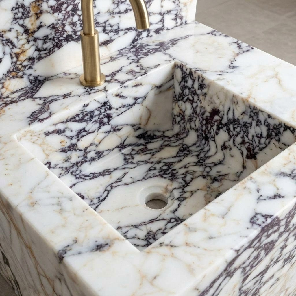 Calacatta Viola Polished Marble Sink with Backsplash — detail — view 4