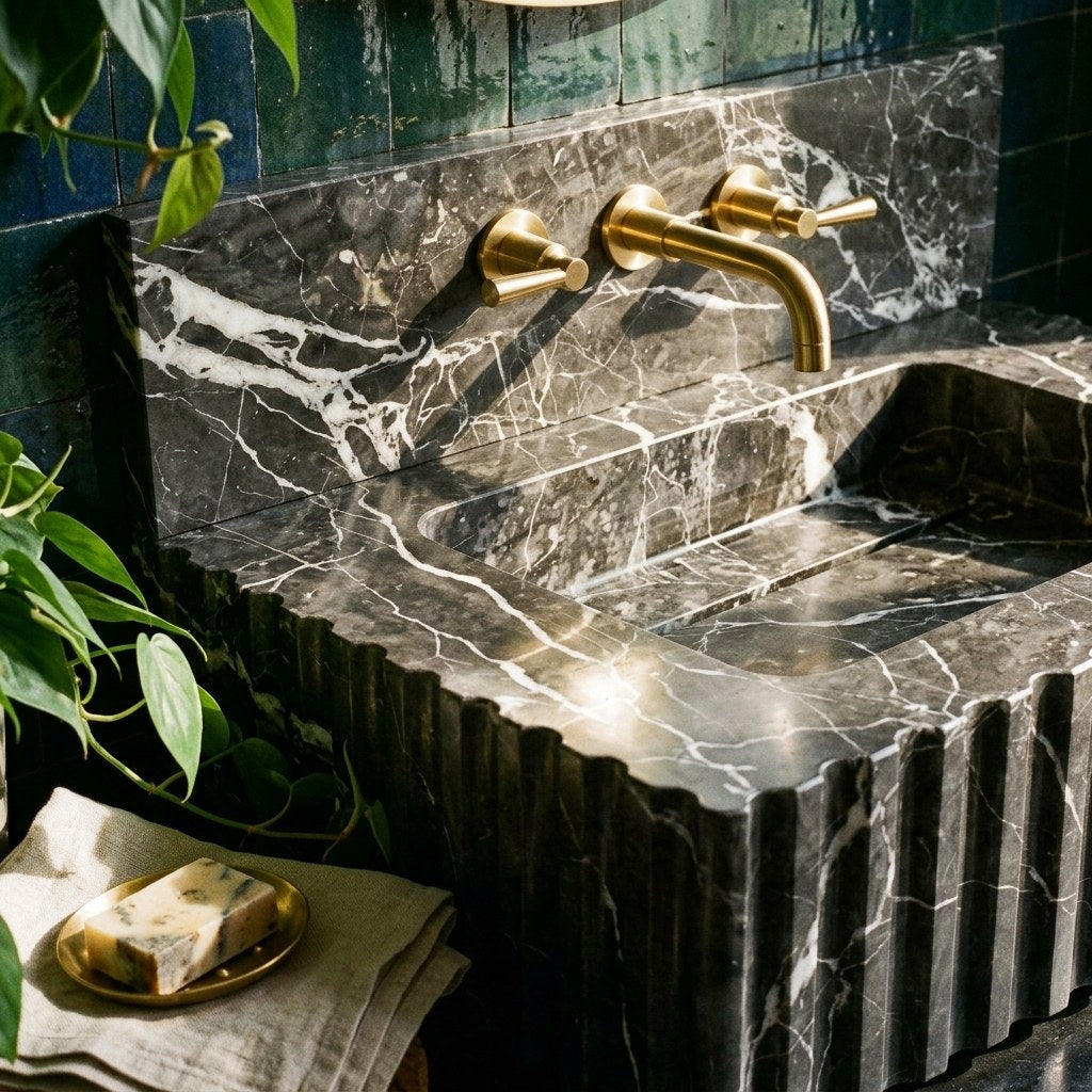 Pietra Notte Fluted Marble Sink with Backsplash — premium — view 2