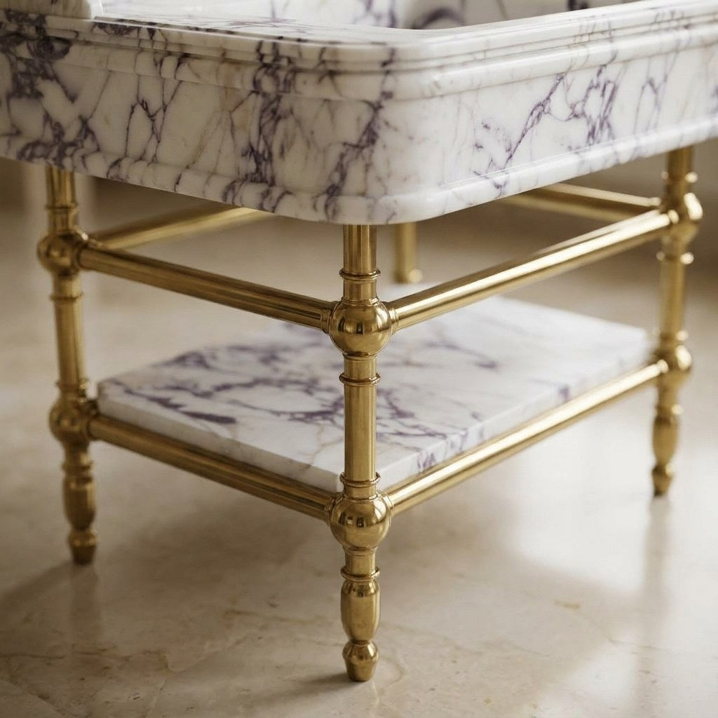 Calacatta Viola Marble Sink with Brass Gold Stand — detail — view 4