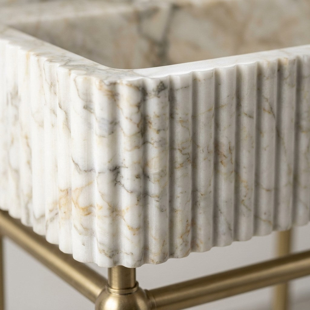 Calacatta Gold Fluted Marble Sink with Brass Stand — marble detail — view 3