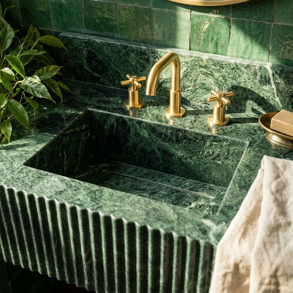 Verde Fluted Marble Sink with Integrated Backsplash — premium — view 2