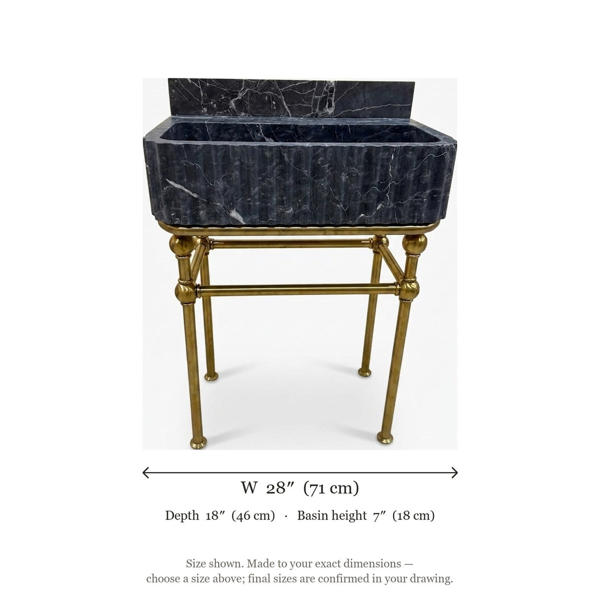 Pietra Notte Fluted Marble Sink with Brass Stand — dimensions — view 5