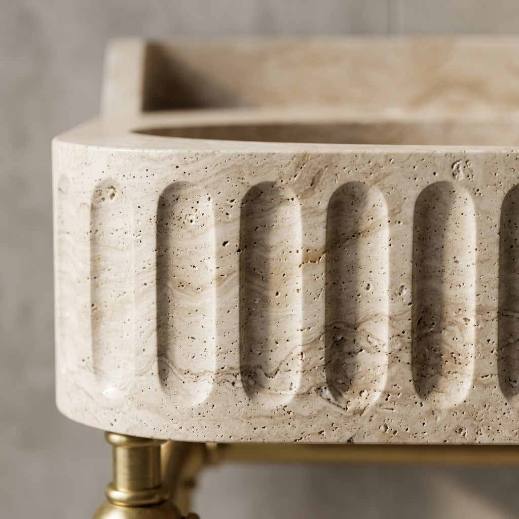 Travertine Fluted Travertine Sink with Brass Stand and Backsplash — marble detail — view 2