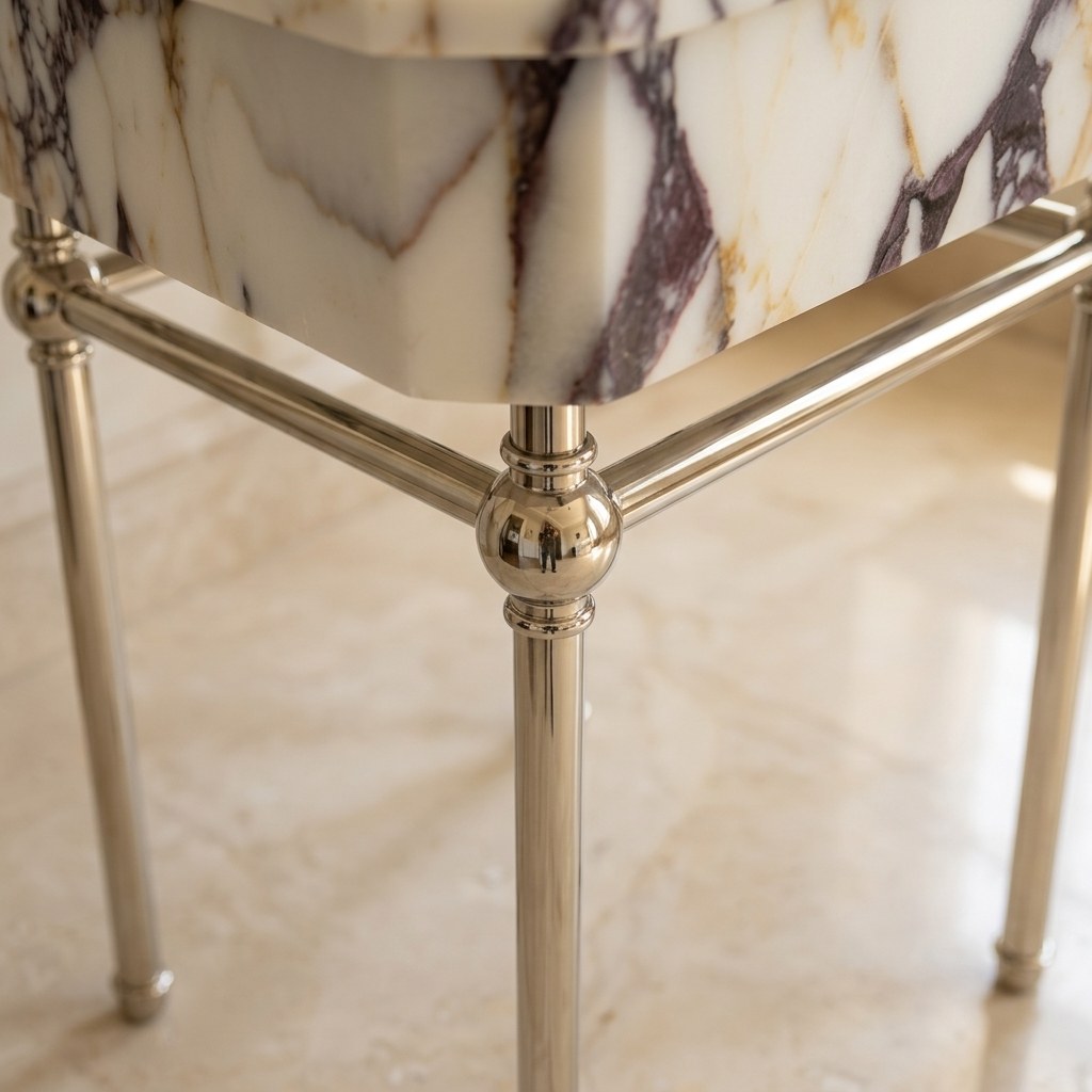 Calacatta Viola Marble Sink with Metal Stand and Backsplash — detail — view 3