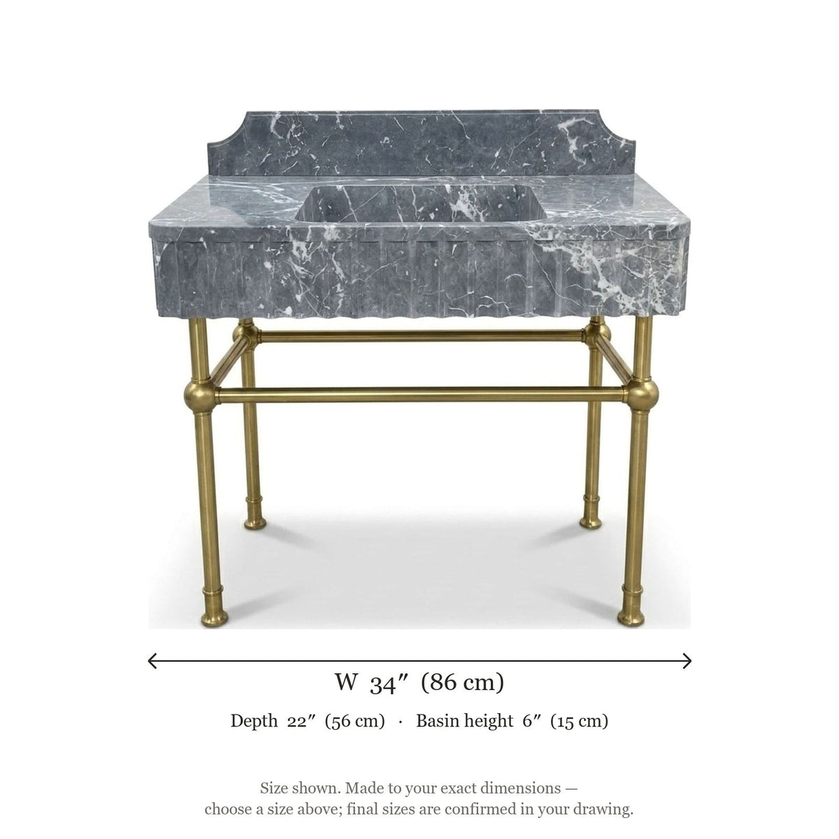 Pietra Notte Fluted Marble Sink with Brass Stand and Backsplash — dimensions — view 4