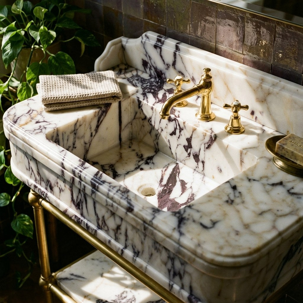 Calacatta Viola Polished Marble Sink with Metal Stand — premium — view 2