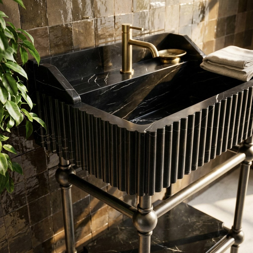 Nero Marquina Fluted Marble Sink with Metal Stand — premium — view 2