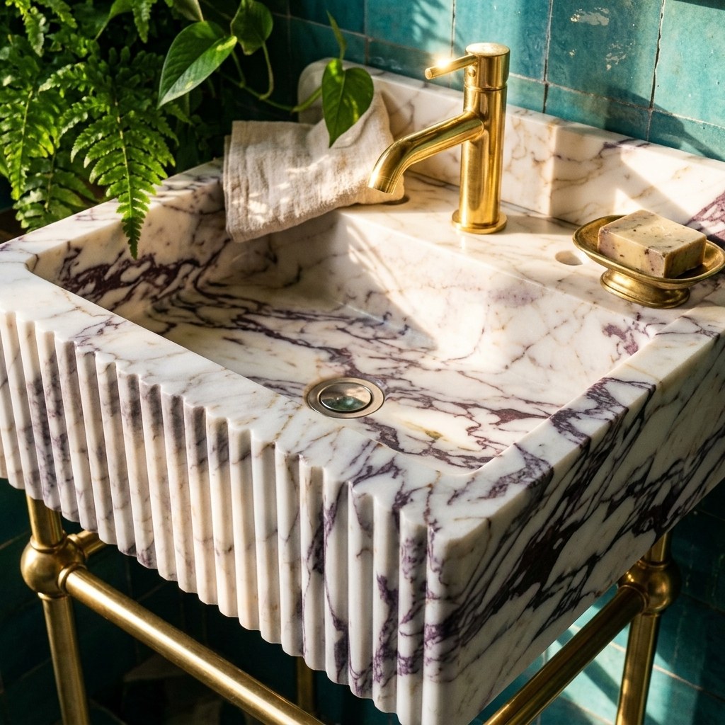 Calacatta Viola Fluted Marble Console Sink with Brass Stand — premium — view 2