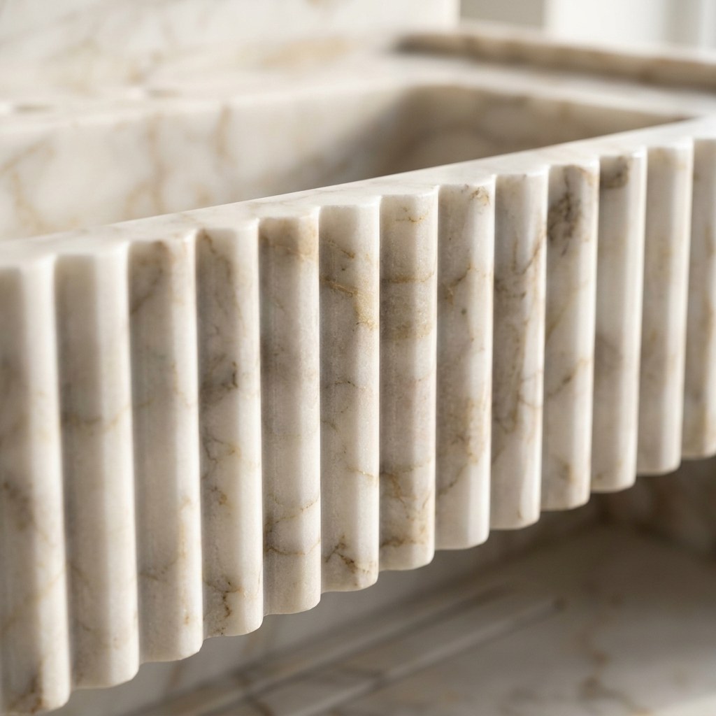 Calacatta Gold Fluted Marble Sink with Backsplash — marble detail — view 3