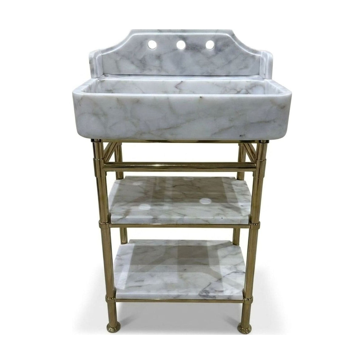 Carrara Marble Sink with Brass Stand and Backsplash — view 1
