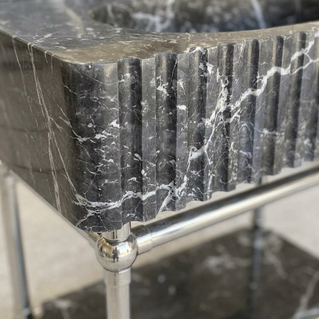 Pietra Notte Fluted Marble Sink with Metal Stand and Backsplash — marble detail — view 3