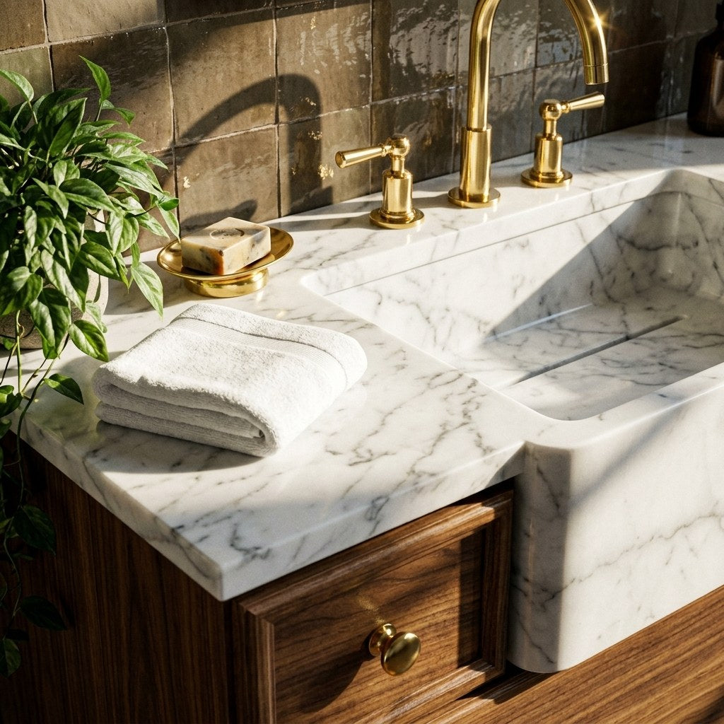 Carrara Marble Polished Double Apron Sink Vanity — premium — view 2