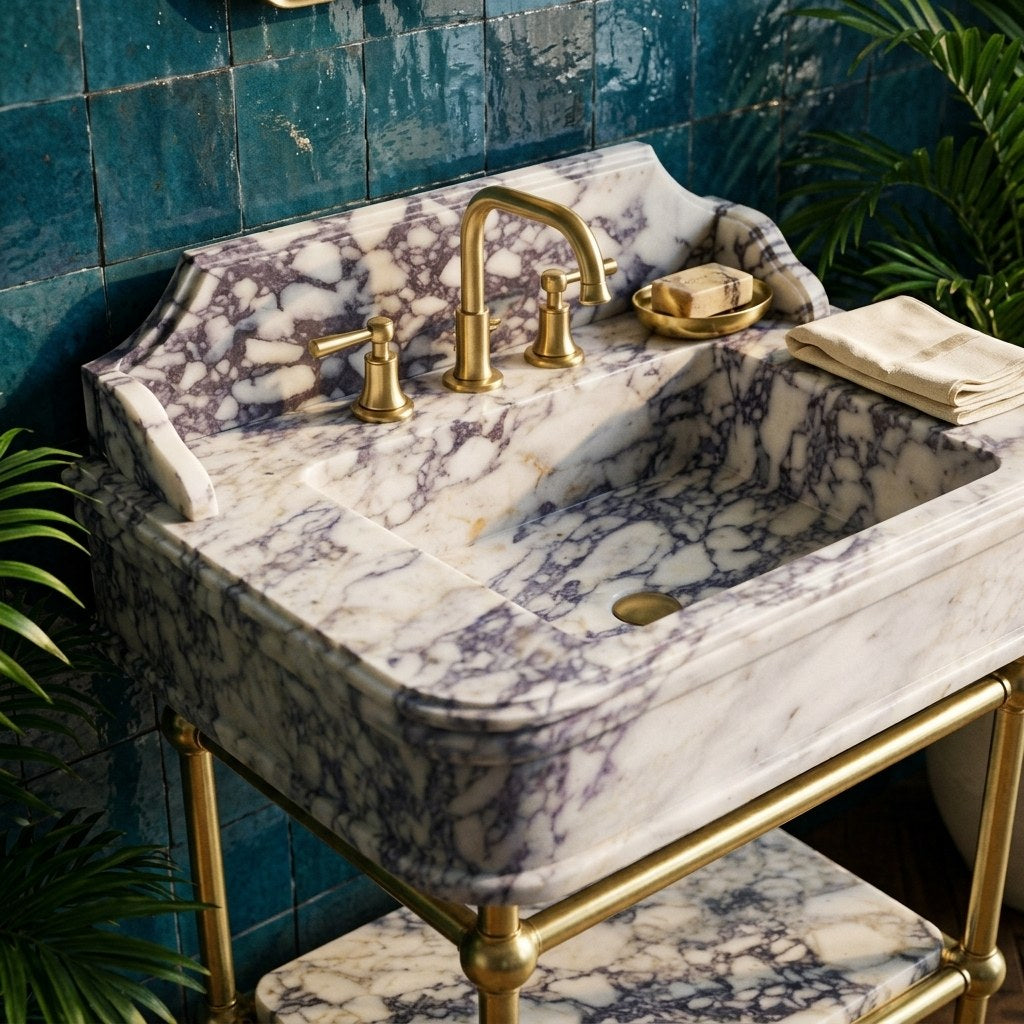 Calacatta Viola Marble Sink with Brass Gold Stand — premium — view 2