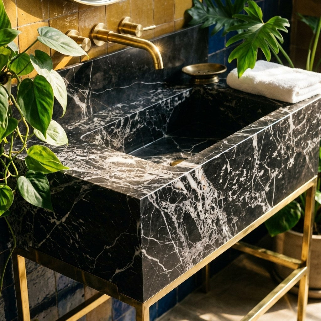 Pietra Notte Marble Sink with Backsplash and Brass Stand — premium — view 2