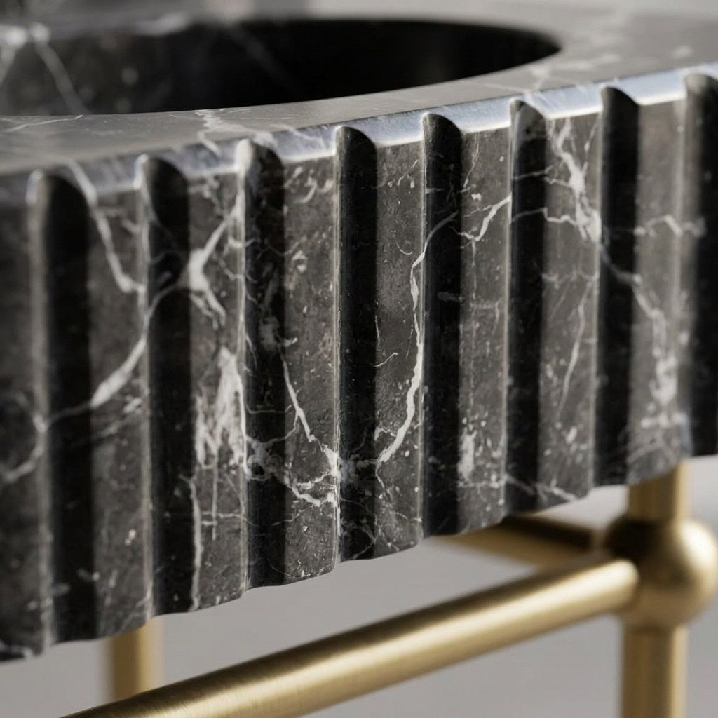 Pietra Notte Fluted Marble Sink with Brass Stand — marble detail — view 3