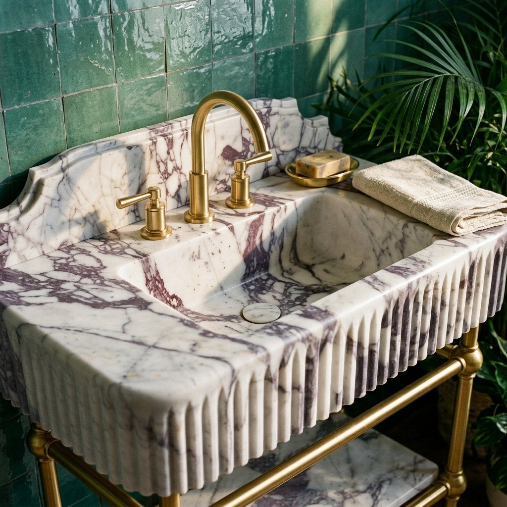 Calacatta Viola Fluted Marble Sink with Brass Stand — premium — view 2
