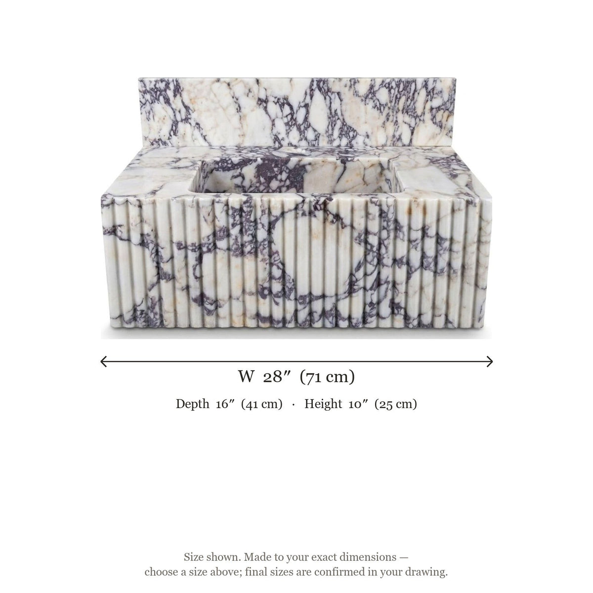 Calacatta Viola Fluted Marble Sink with Backsplash — dimensions — view 4