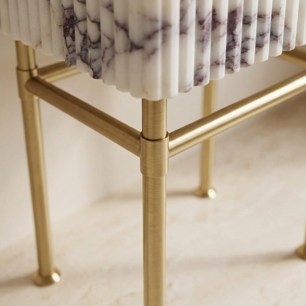 Calacatta Viola Fluted Marble Sink with Champagne Gold Stand — detail — view 4