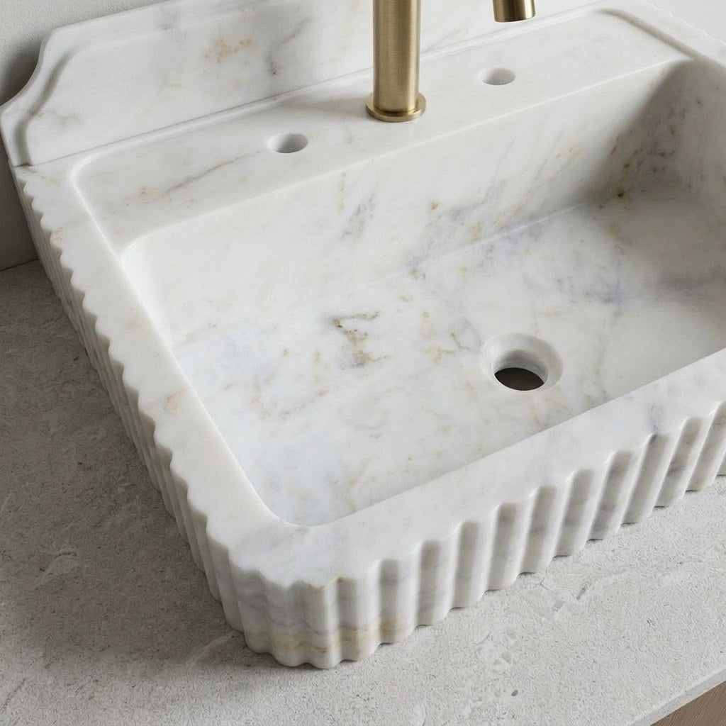 Carrara Fluted Marble Sink with Backsplash — detail — view 4