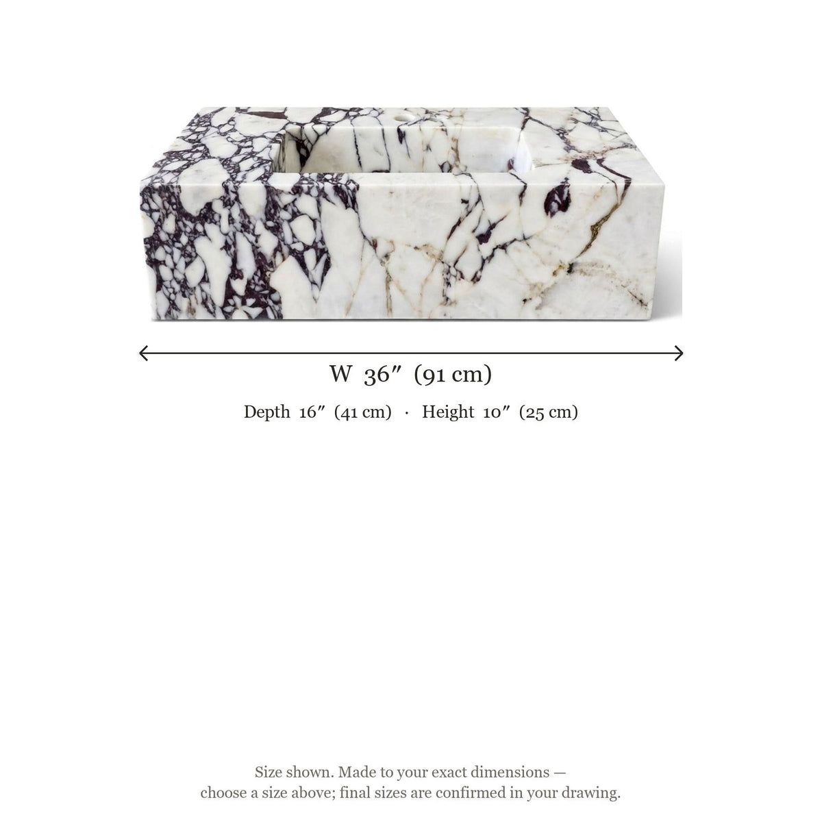 Calacatta Viola Polished Rectangular Marble Sink — dimensions — view 5