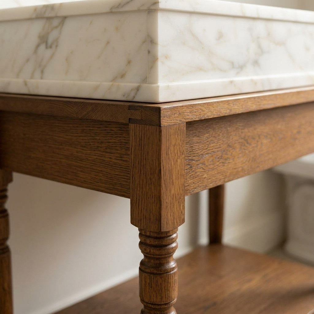 Calacatta Gold Marble Vanity with Backsplash and Wood Shelf — detail — view 4