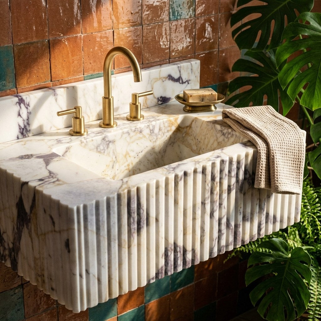 Calacatta Viola Fluted Marble Sink with Backsplash — premium — view 2