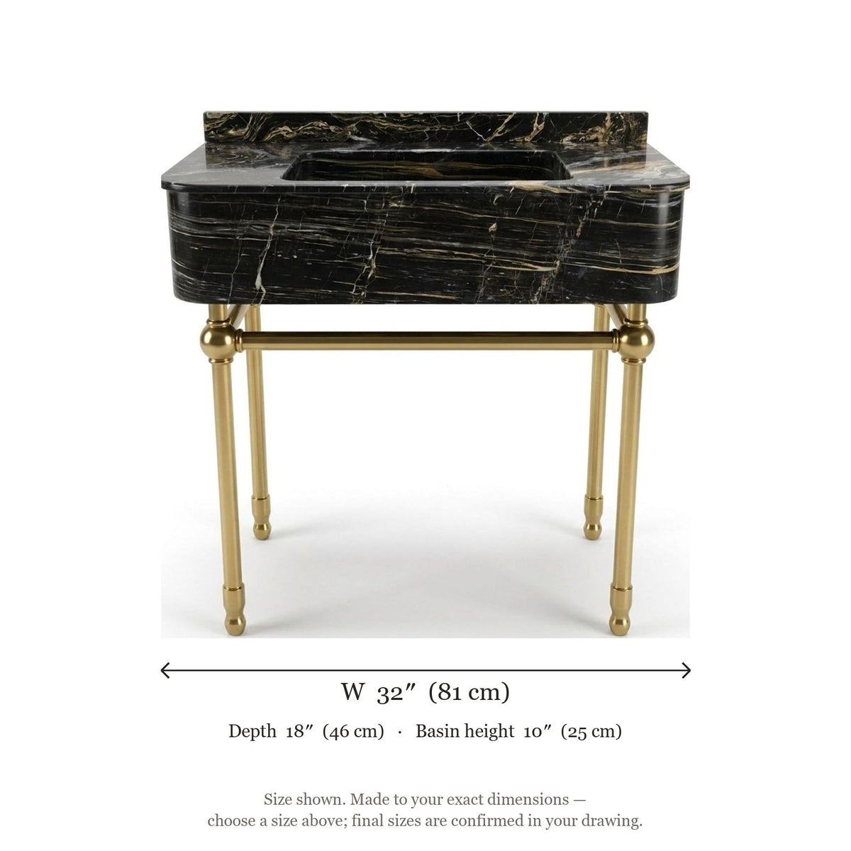 Picasso Marble Console Sink with Brass Stand and Backsplash — dimensions — view 5