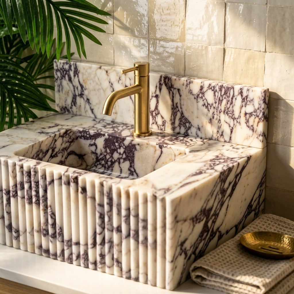Calacatta Viola Fluted Marble Sink with Backsplash — premium — view 2