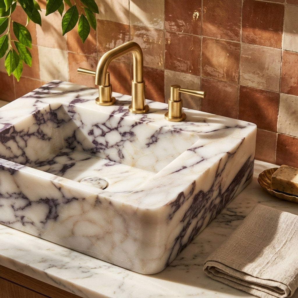 Calacatta Viola Honed Marble Sink with 3 Faucet Holes — premium — view 2