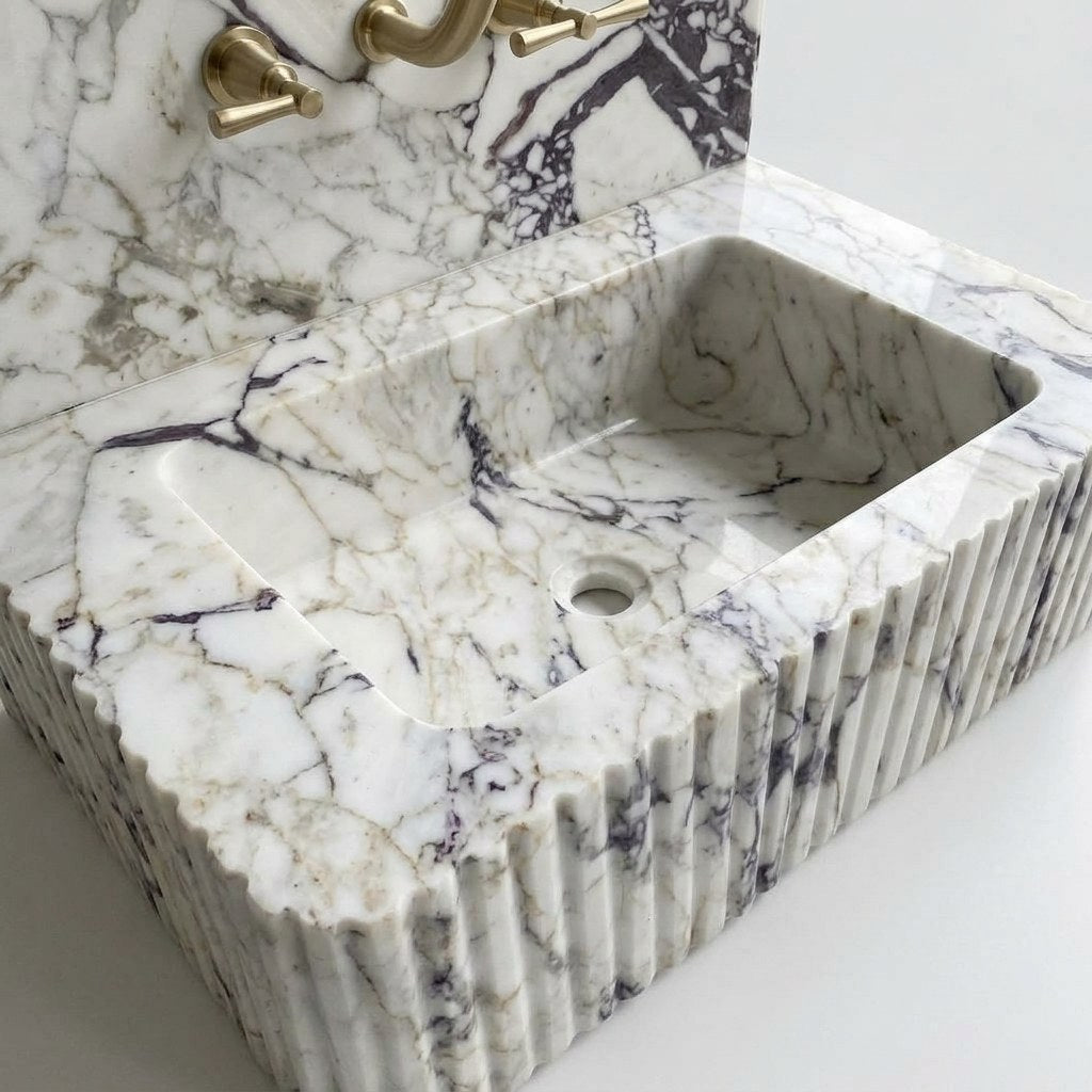 Calacatta Viola Fluted Marble Sink with Backsplash — detail — view 3