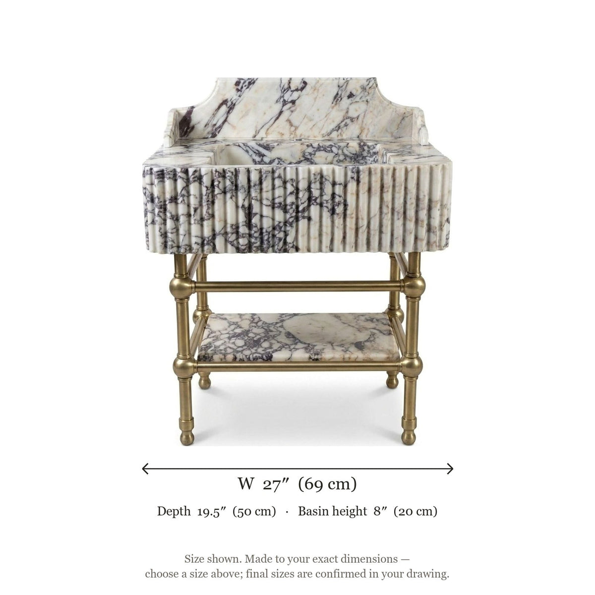 Calacatta Viola Fluted Marble Sink with Brass Stand — dimensions — view 5