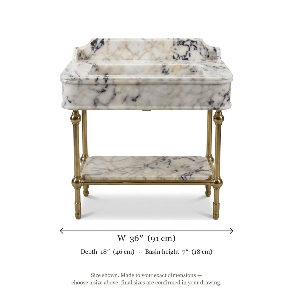 Calacatta Viola Marble Console Sink with Brass Stand and Backsplash — dimensions — view 5