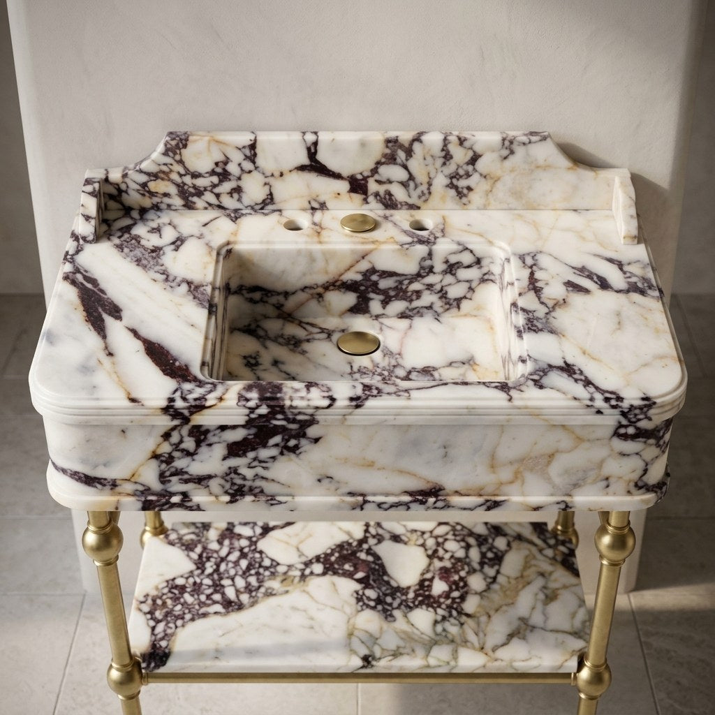 Calacatta Viola Polished Marble Sink with Brass Gold Stand — marble detail — view 3