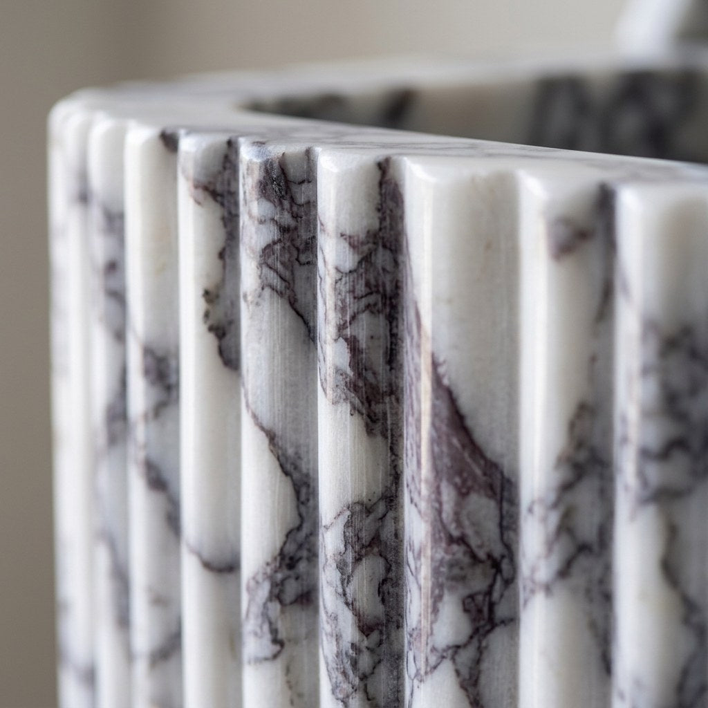 Calacatta Viola Fluted Marble Sink with Brass Stand — marble detail — view 3