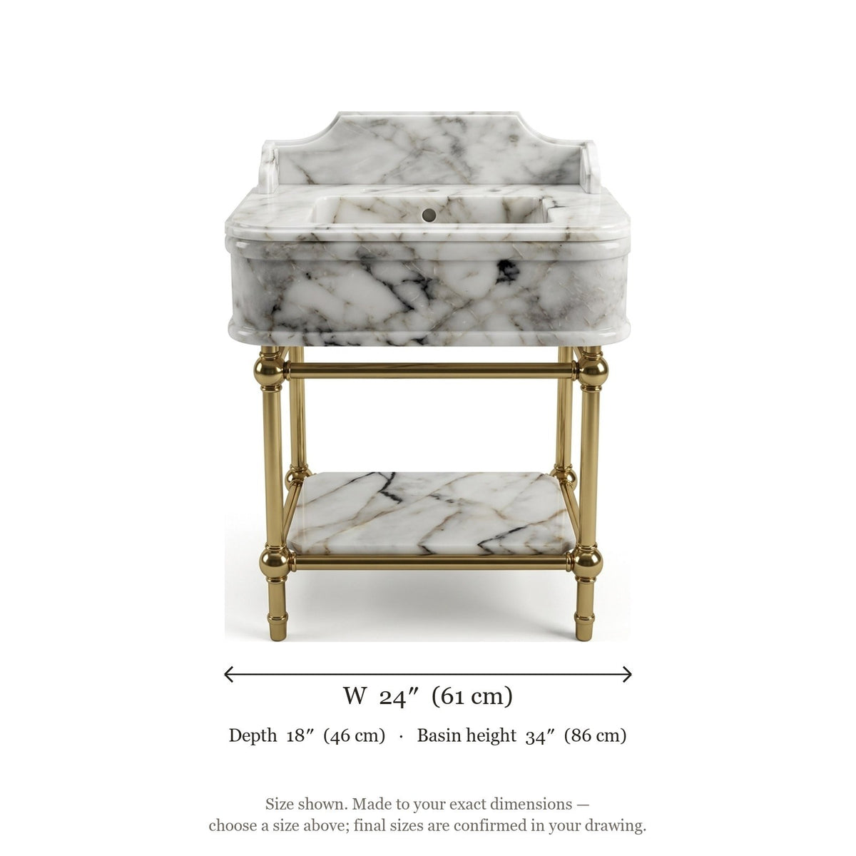 Calacatta Gold Marble Sink with Brass Stand and Backsplash — dimensions — view 4
