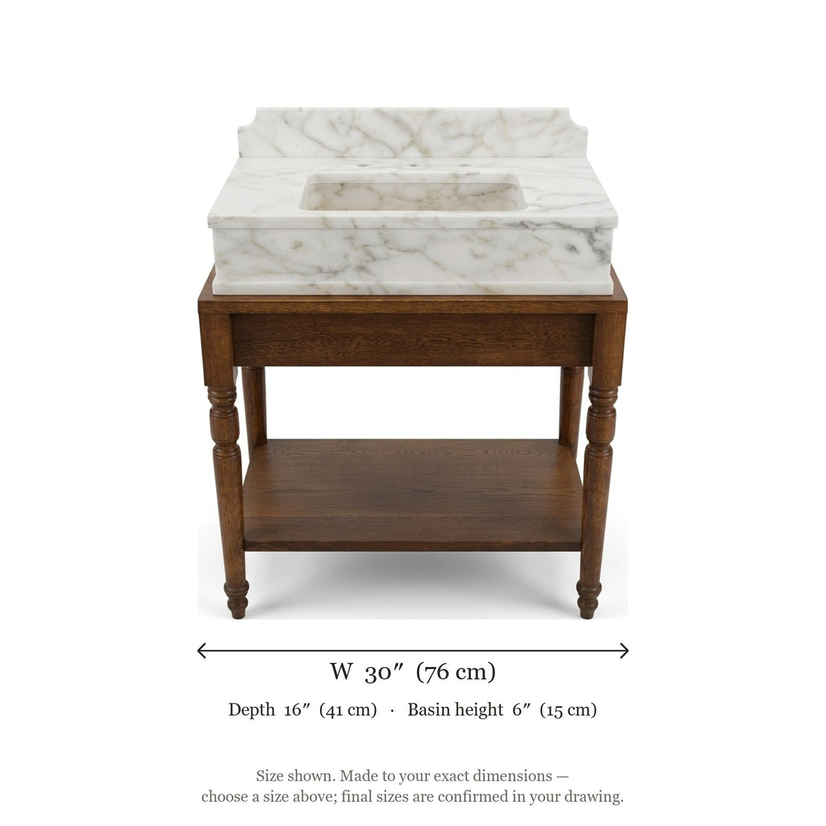 Calacatta Gold Marble Vanity with Backsplash and Wood Shelf — dimensions — view 5