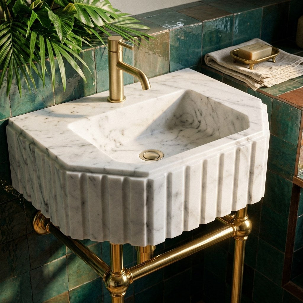 Carrara Fluted Marble Sink with Brass Stand — premium — view 2