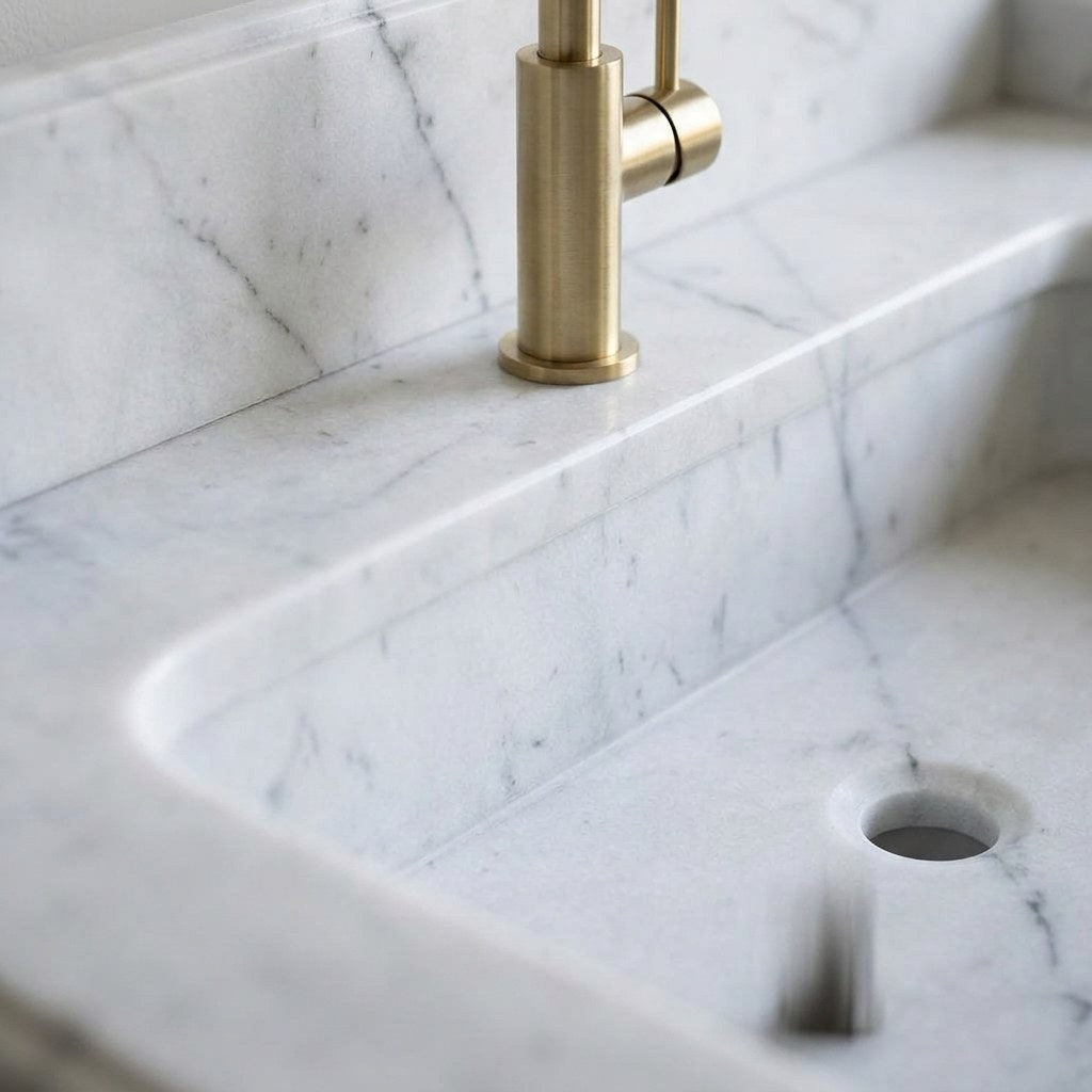 Carrara Marble Sink with Brass Gold Stand and Backsplash — marble detail — view 3
