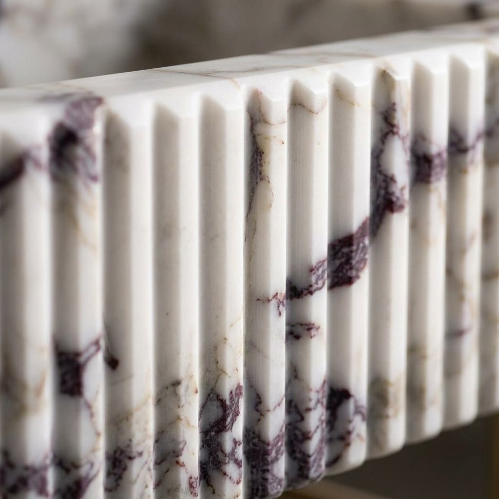 Calacatta Viola Fluted Marble Sink with Brass Stand and Backsplash — marble detail — view 3