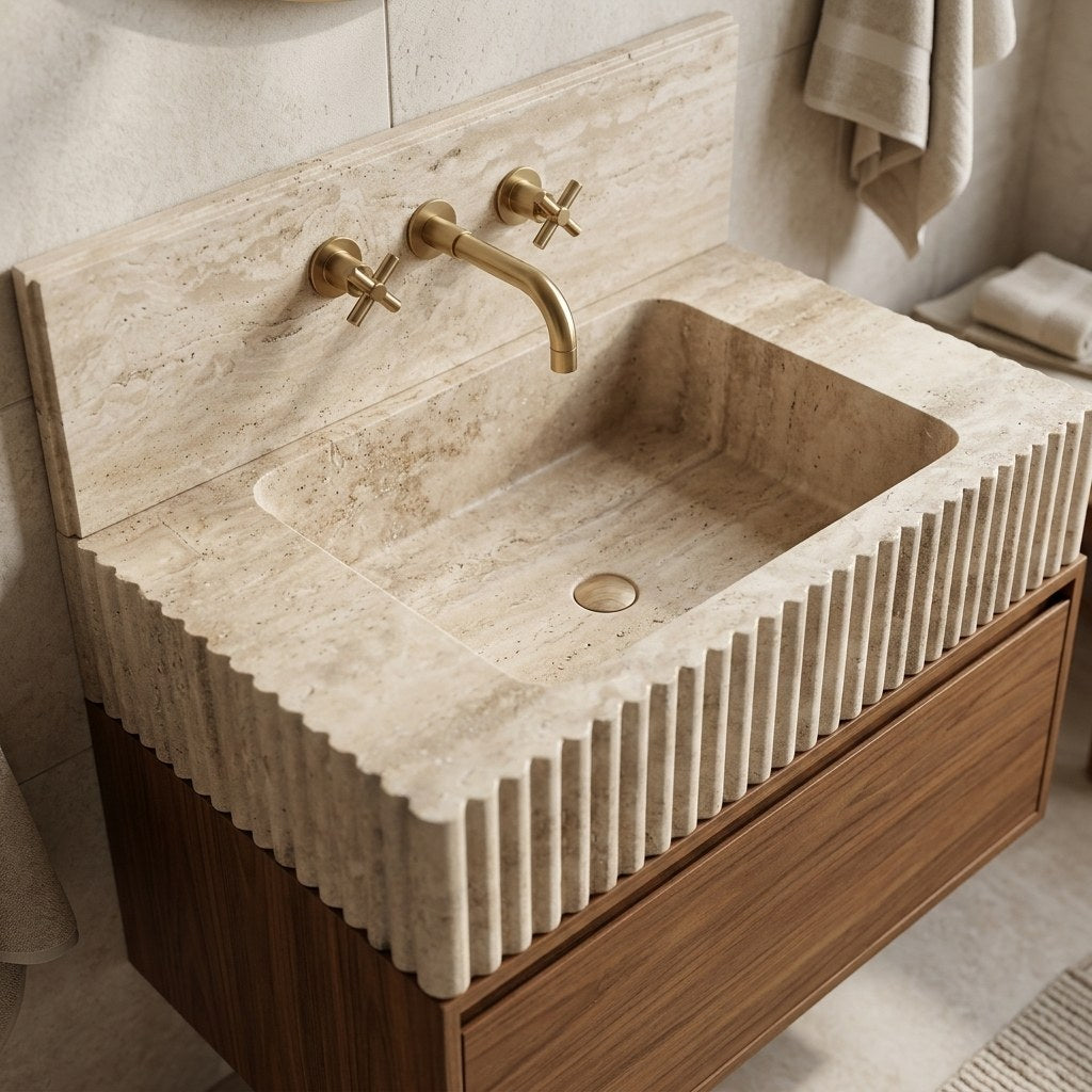 Travertine Fluted Marble Sink with Backsplash — detail — view 4