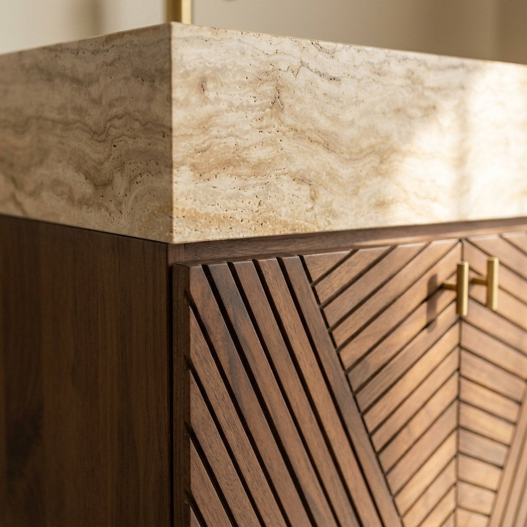 Polished Travertine Marble Vanity with Integrated Sink — detail — view 4