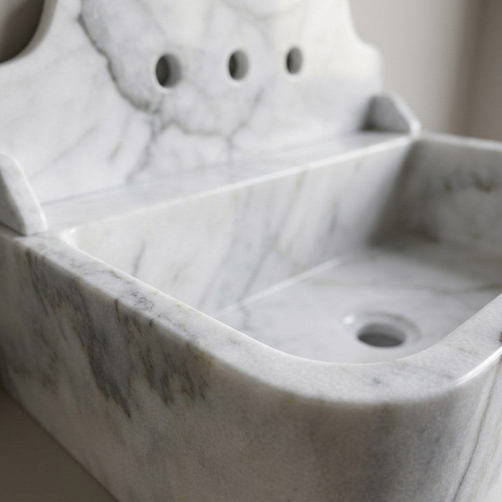 Carrara Marble Sink with Integrated Backsplash — marble detail — view 3