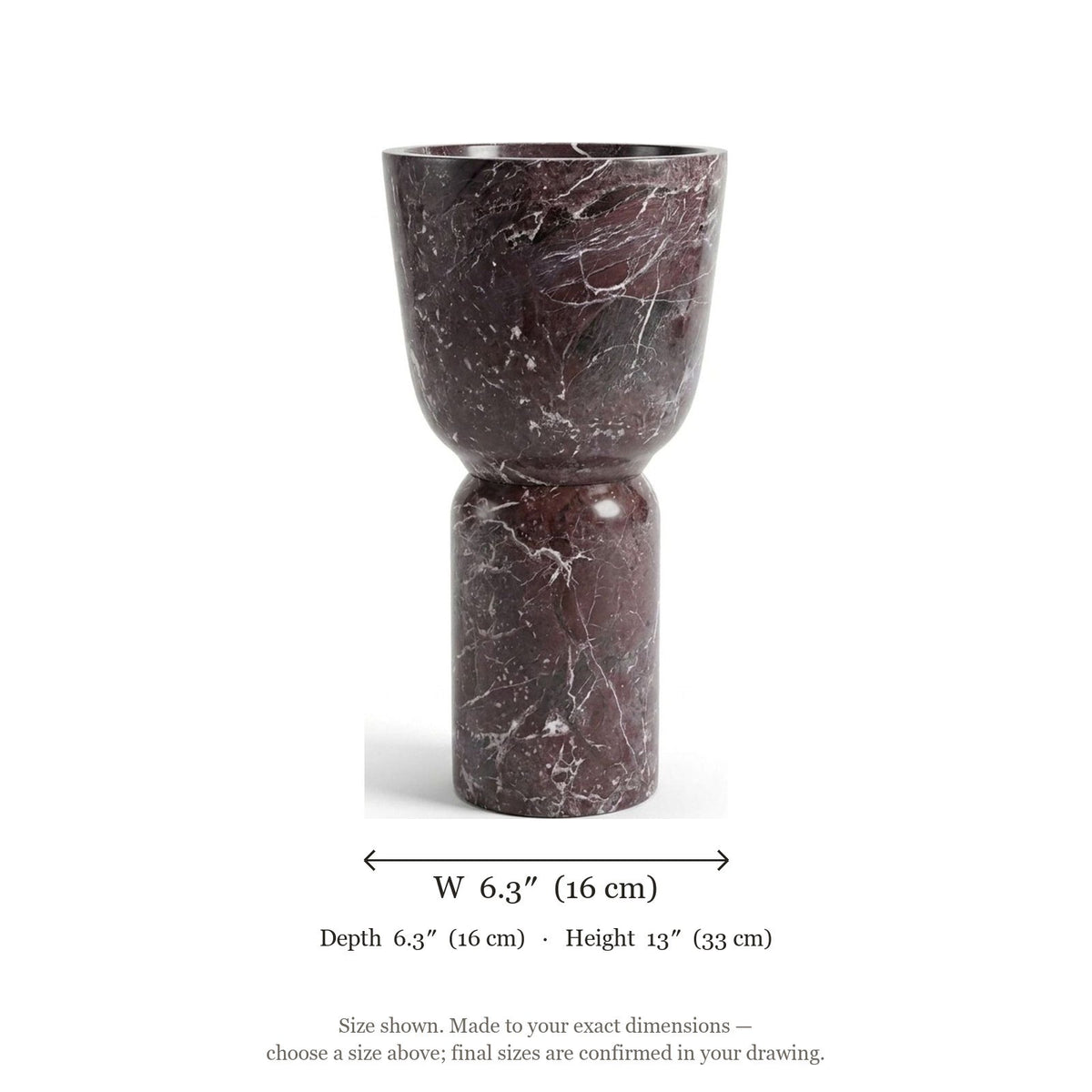 Rosso Levanto Honed Marble Sculptural Vessel — dimensions — view 3