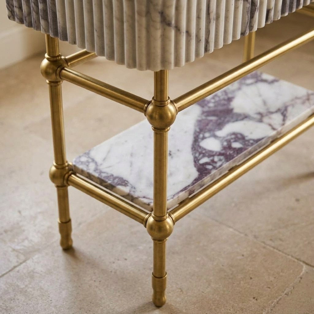 Calacatta Viola Fluted Marble Sink with Brass Stand — detail — view 4