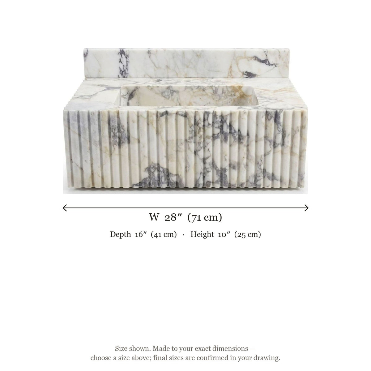 Calacatta Viola Fluted Marble Sink with Backsplash — dimensions — view 5