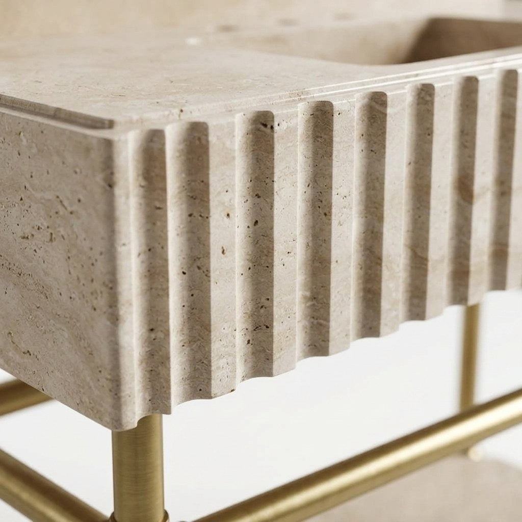Fluted Travertine Console Sink with Brass Stand — marble detail — view 3