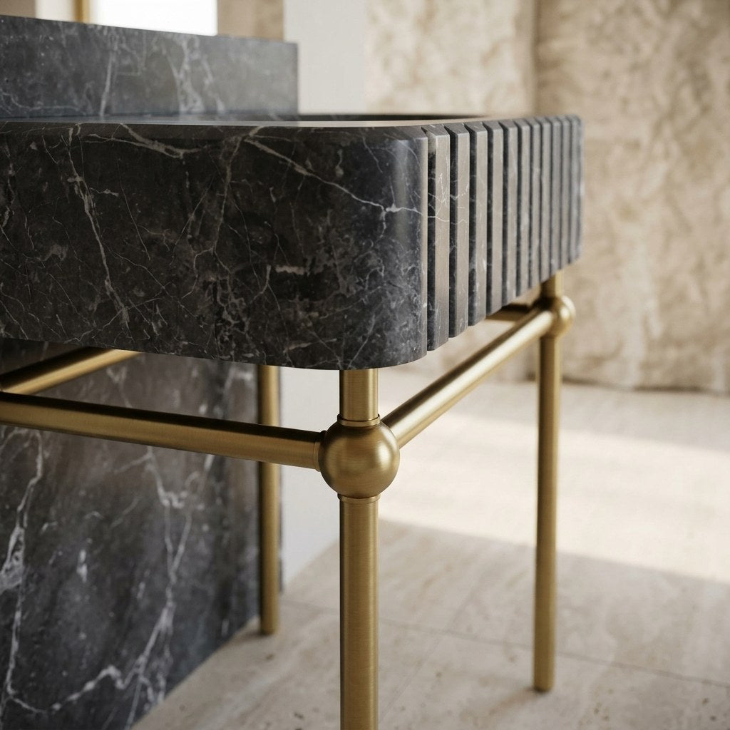 Pietra Notte Fluted Marble Sink with Brass Stand — detail — view 4