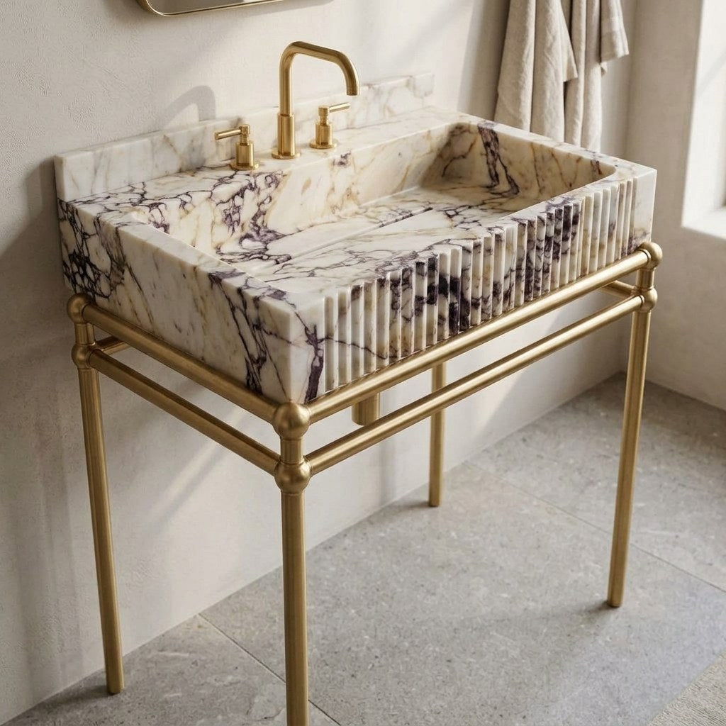 Calacatta Viola Fluted Marble Sink with Brass Stand — detail — view 4