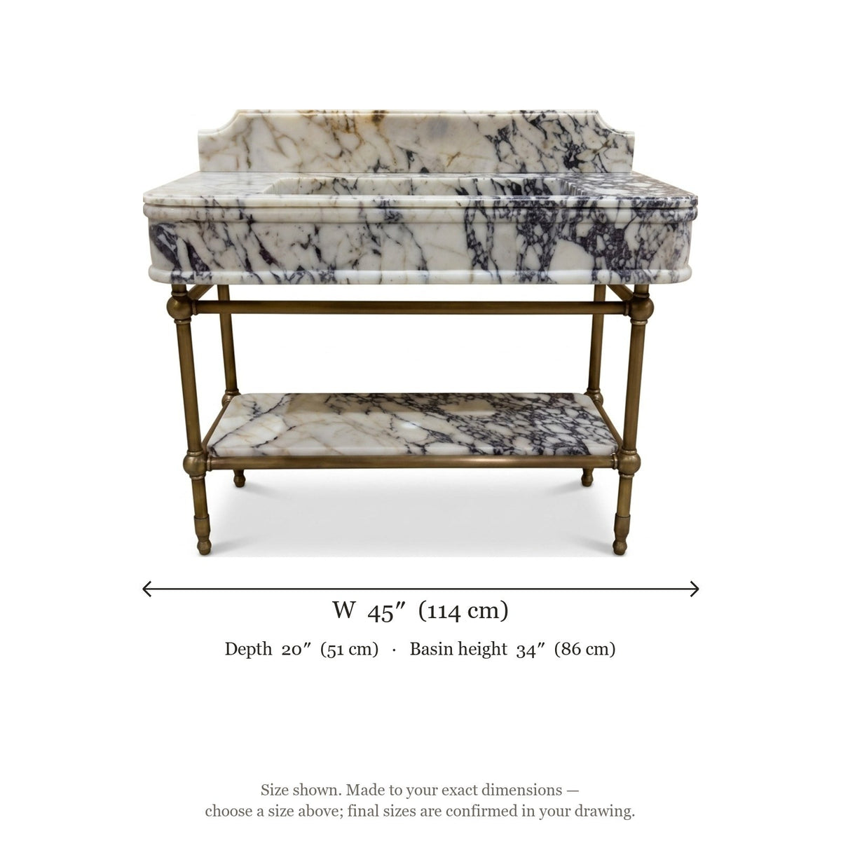 Calacatta Viola Marble Sink with Metal Stand and Backsplash — dimensions — view 5