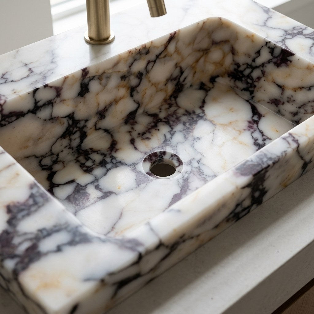 Calacatta Viola Rectangular Polished Marble Sink — detail — view 4